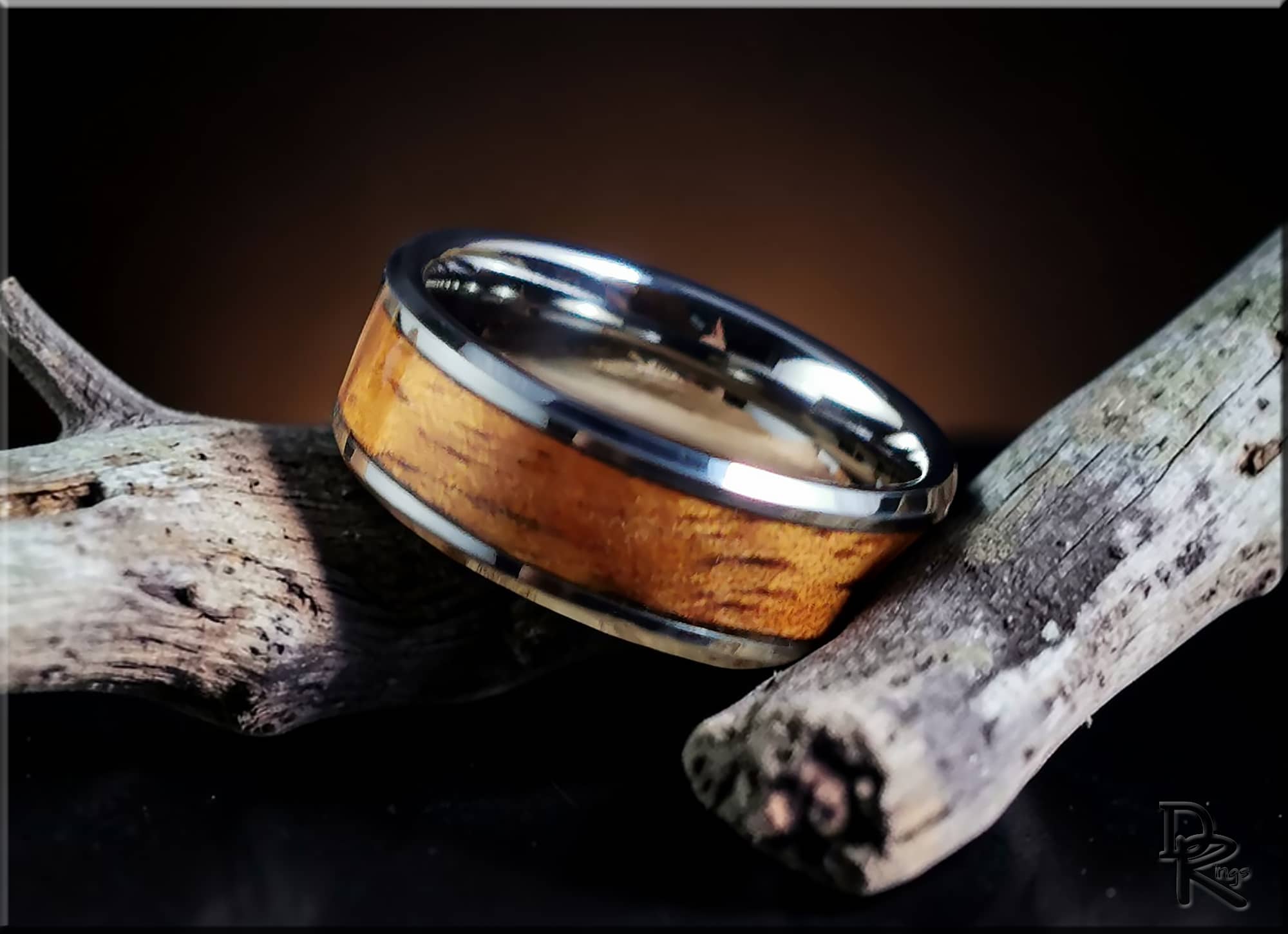 Tungsten Carbide Ring with Hawaiian Koa wood Inlay, Artisan Crafted