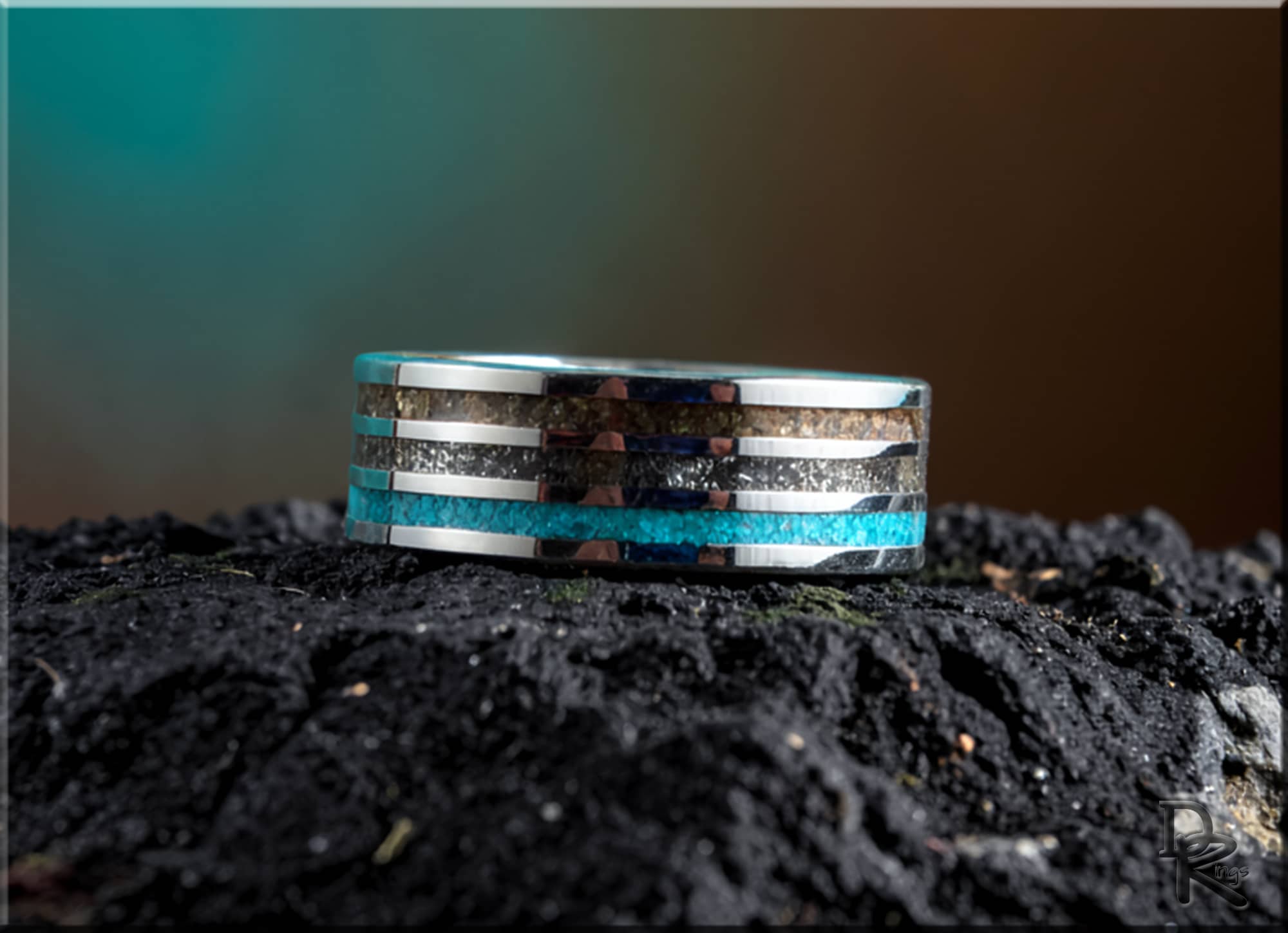 Tungsten Carbide Ring with Meteorite, Bisbee Turquoise, and T-Rex Inlays