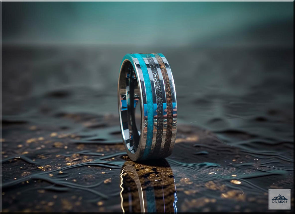 Tungsten Carbide Ring with Meteorite, Bisbee Turquoise, and T-Rex Inlays