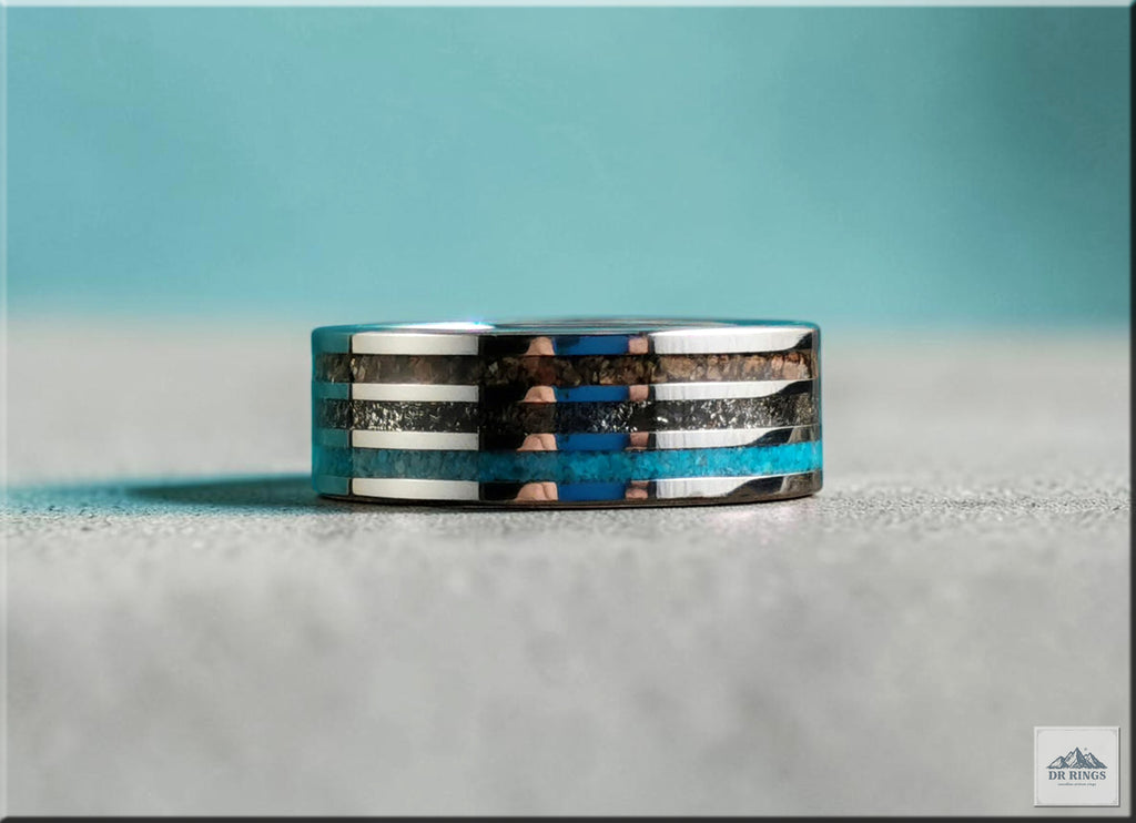 Tungsten Carbide Ring with Meteorite, Bisbee Turquoise, and T-Rex Inlays
