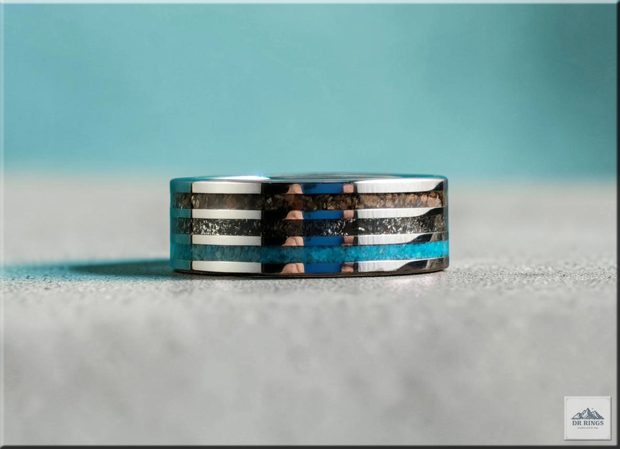 Tungsten Carbide Ring with Meteorite, Bisbee Turquoise, and T-Rex Inlays