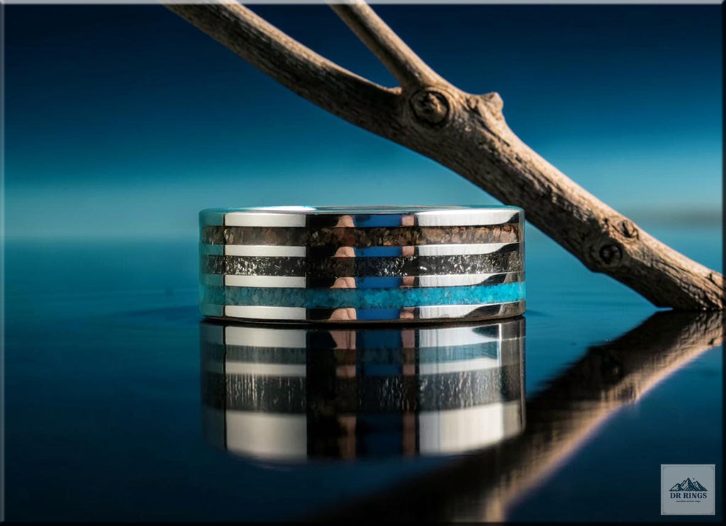 Tungsten Carbide Ring with Meteorite, Bisbee Turquoise, and T-Rex Inlays