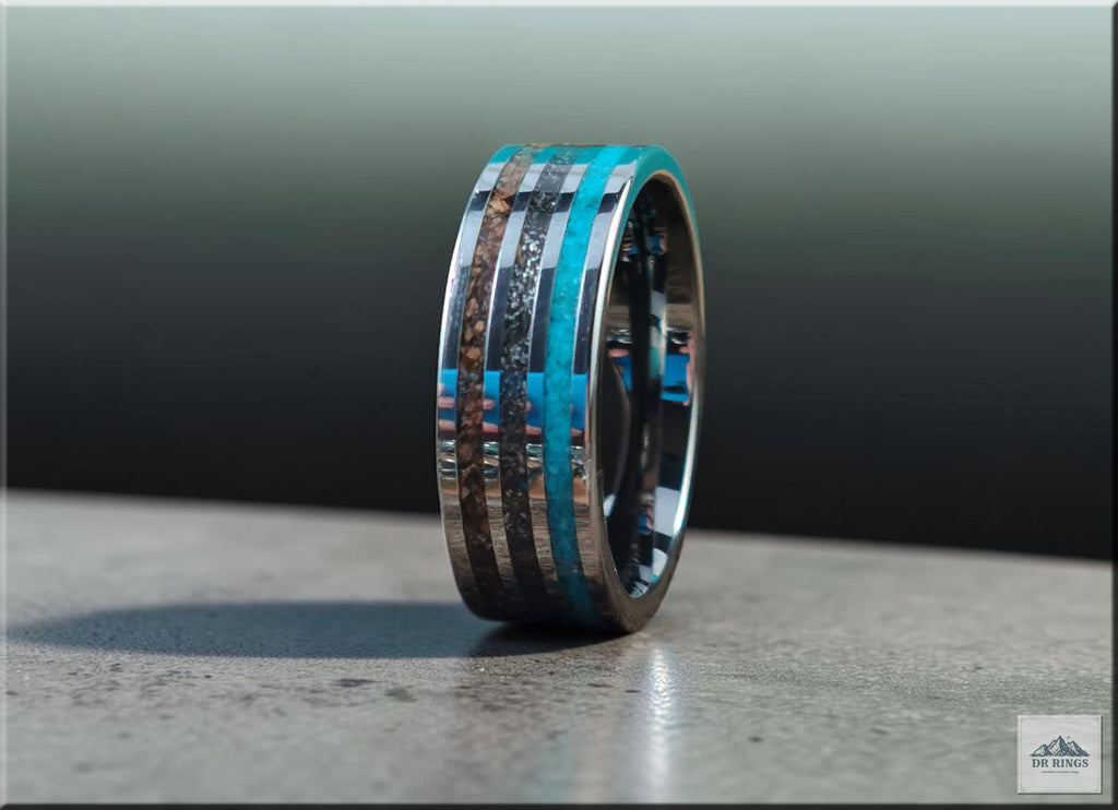 Tungsten Carbide Ring with Meteorite, Bisbee Turquoise, and T-Rex Inlays