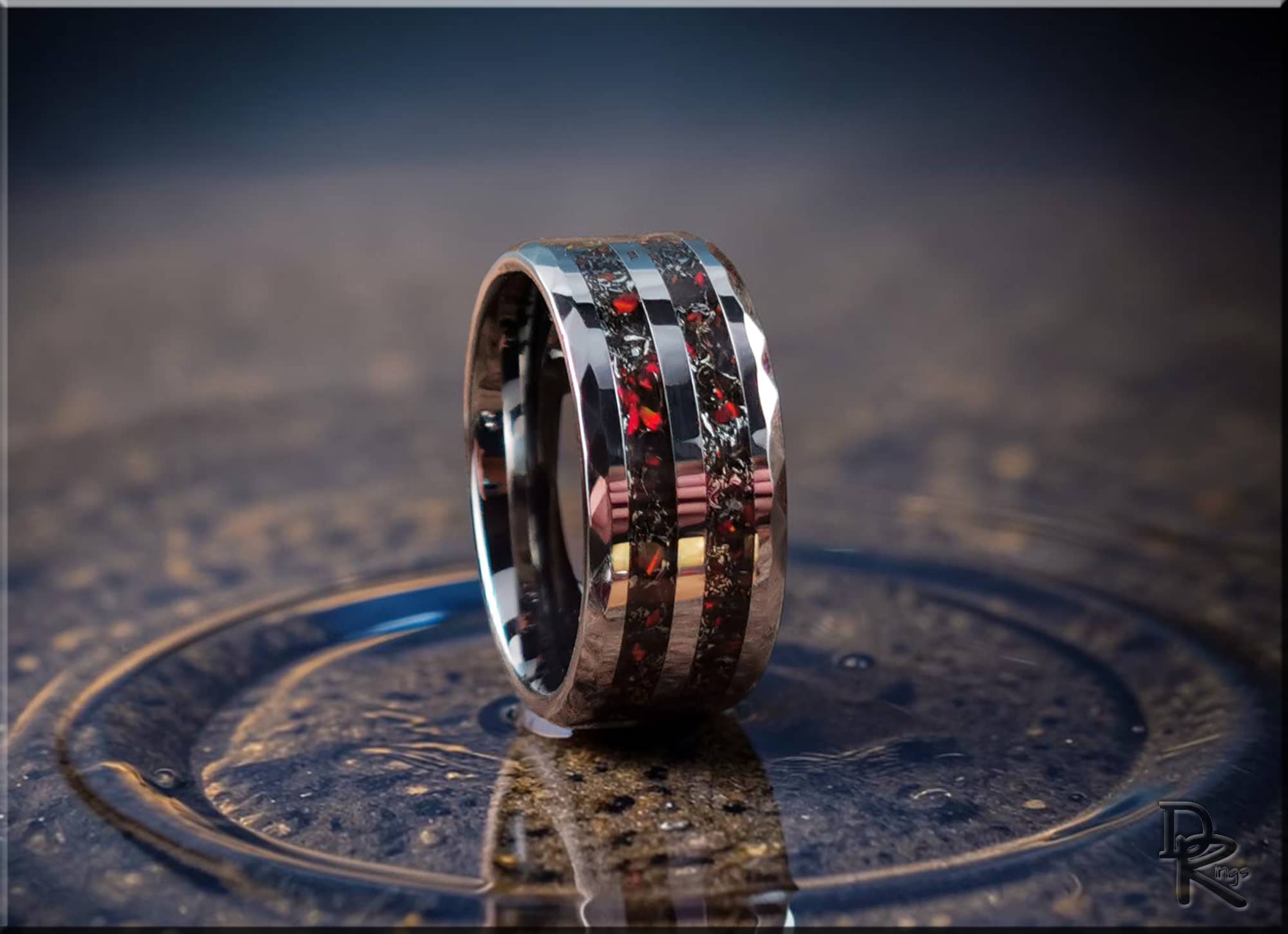 Hammered Tungsten Carbide Ring with Meteorite and Opal Inlays