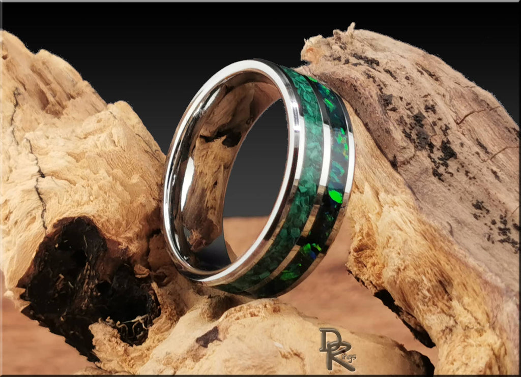 Tungsten Carbide Ring with Malachite and Opal inlays