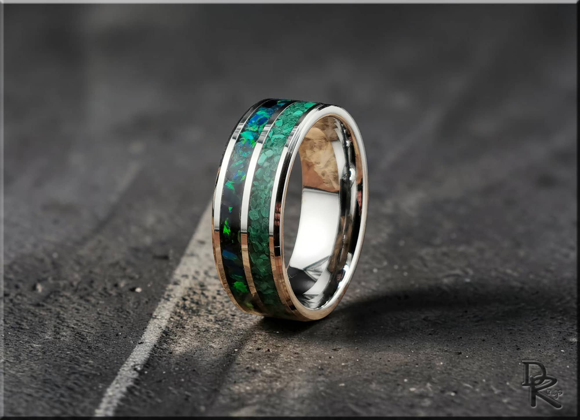 Tungsten Carbide Ring with Malachite and Opal inlays