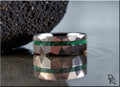 Hammered tungsten ring with malachite green inlay by DR Rings on reflective surface