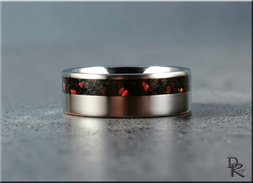 DR Rings titanium ring with inlay featuring black and red textured design on silver band
