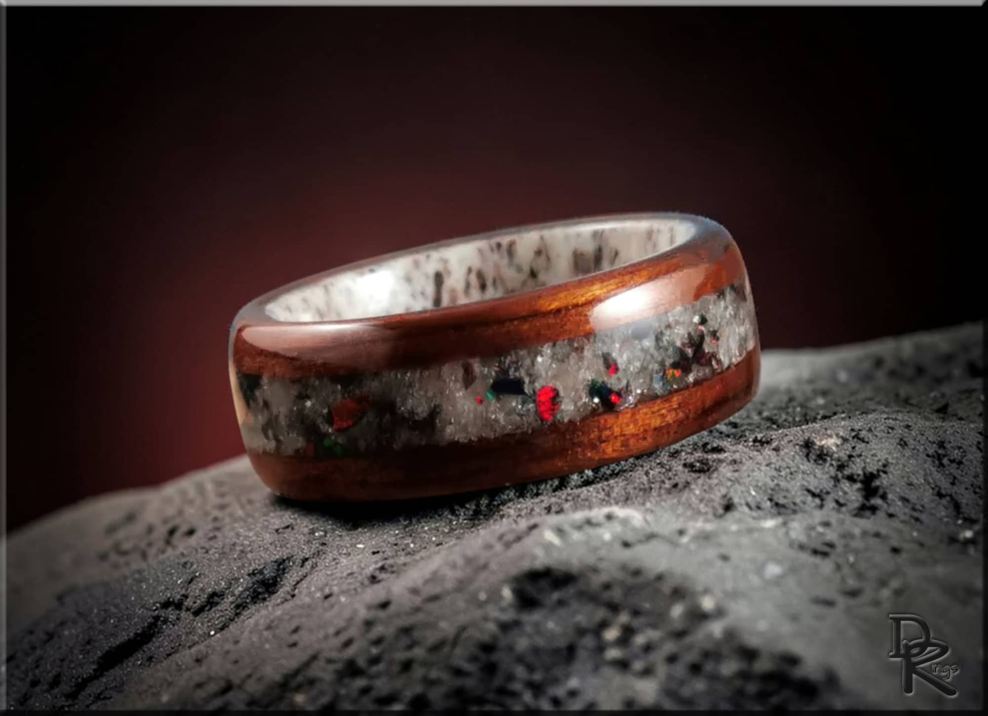 Wood ring with inlay on antler core featuring polished wood and detailed antler inlay by DR Rings