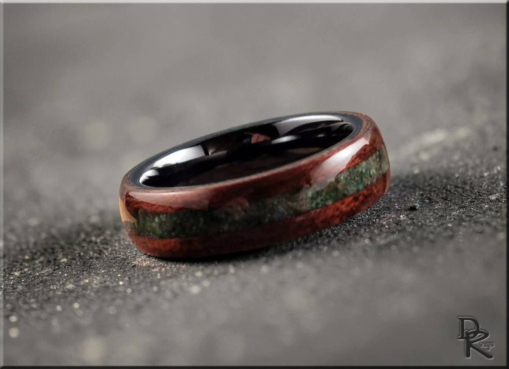 Elegant wood ring with inlay featuring polished black interior and green stone inlay by DR Rings