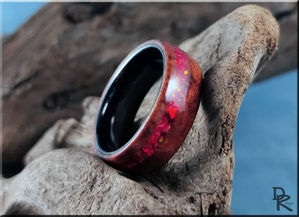 DR Rings wood ring with opal inlay featuring red and pink opal design on natural wood band