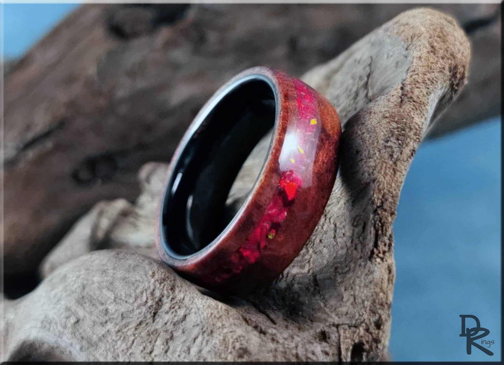 DR Rings wood ring with opal inlay featuring red and pink opal design on natural wood band