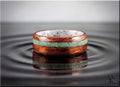 Wood ring with turquoise and antler featuring polished wooden band with turquoise inlay and white antler interior