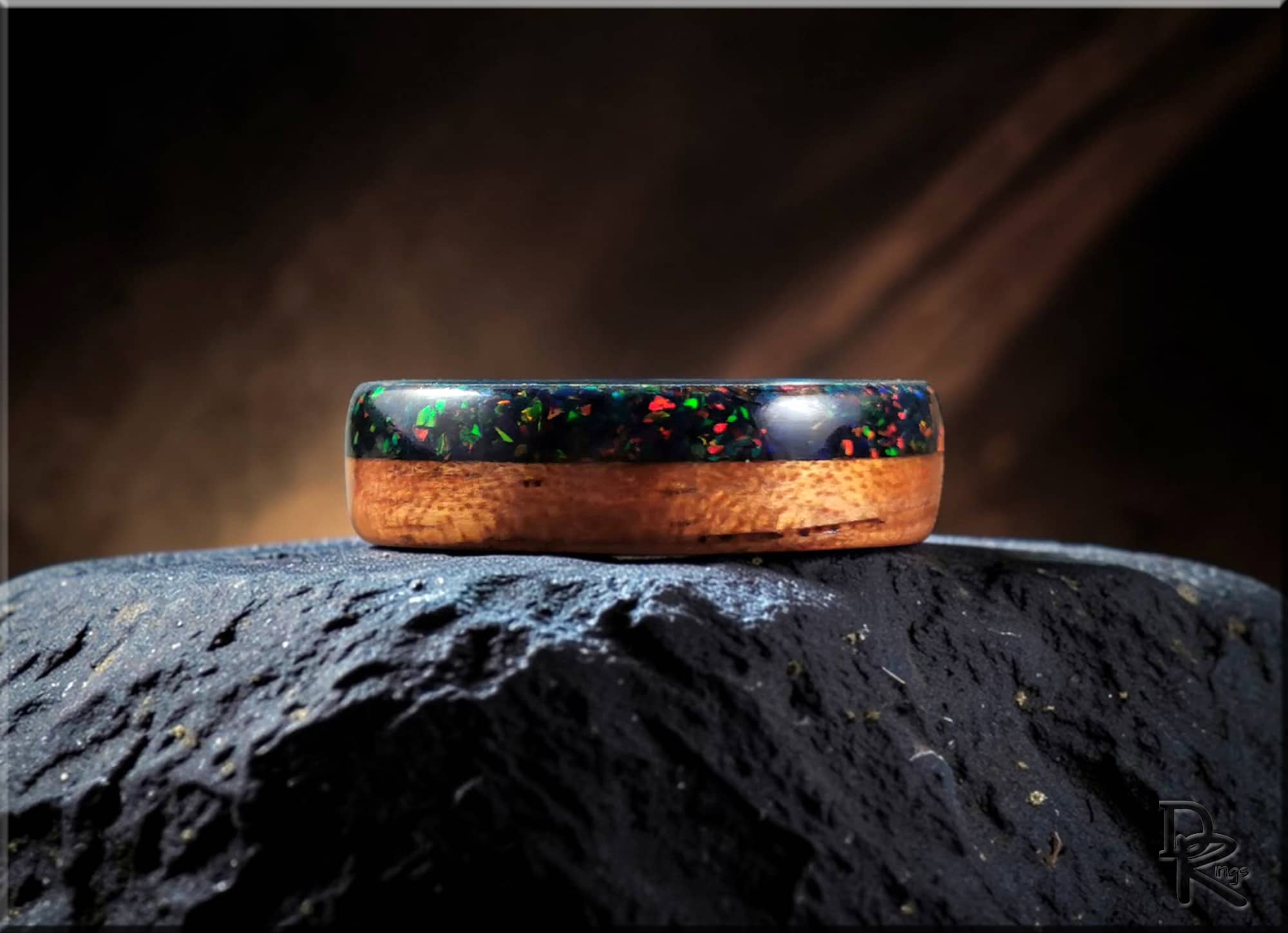 Bentwood Ring: Spanish Cedar, Opal Inlay, Ceramic Core