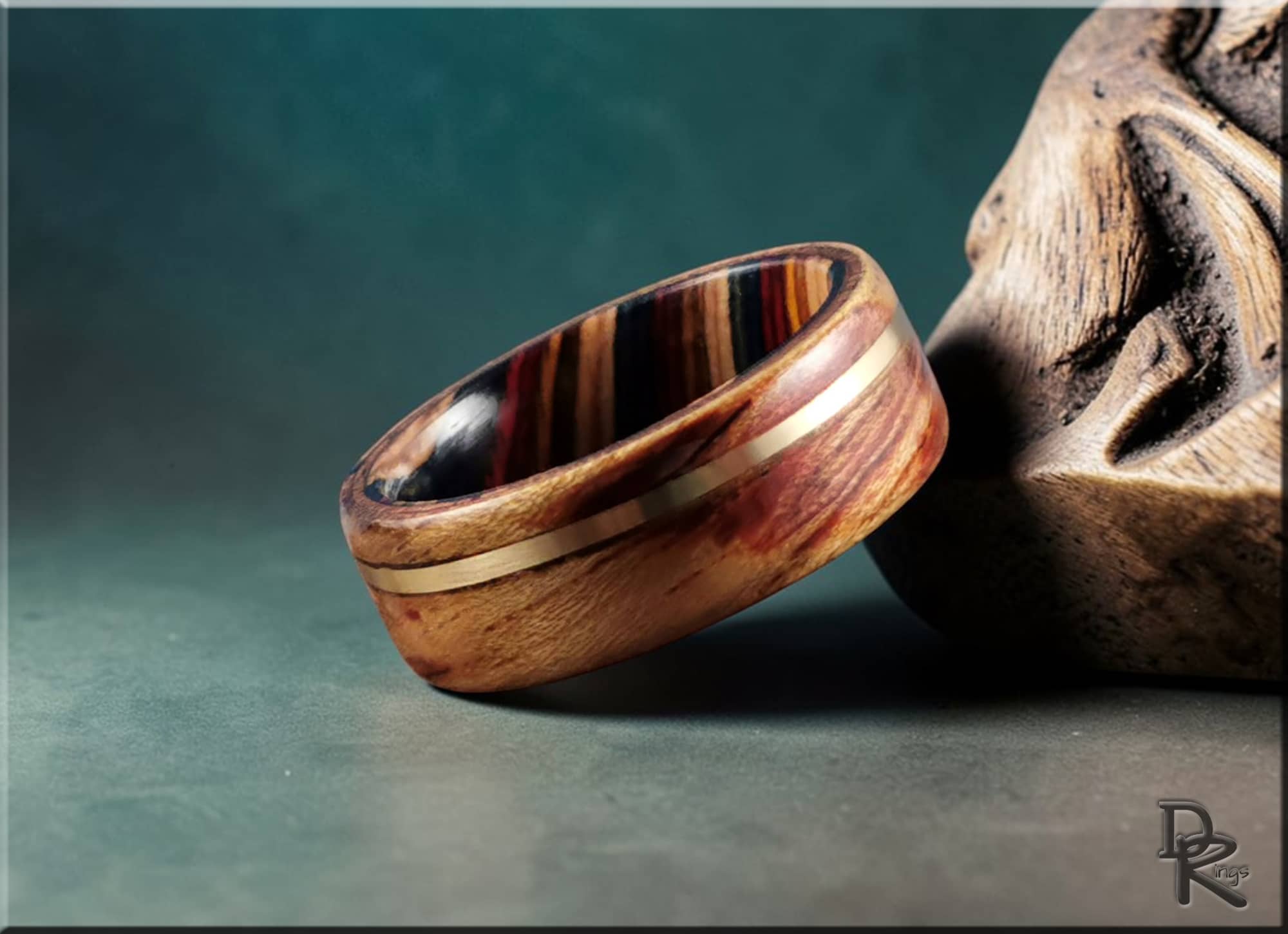 Bentwood Ring: Tiger Etimoe with offset Bronze Wire inlay, multi-colour wood core