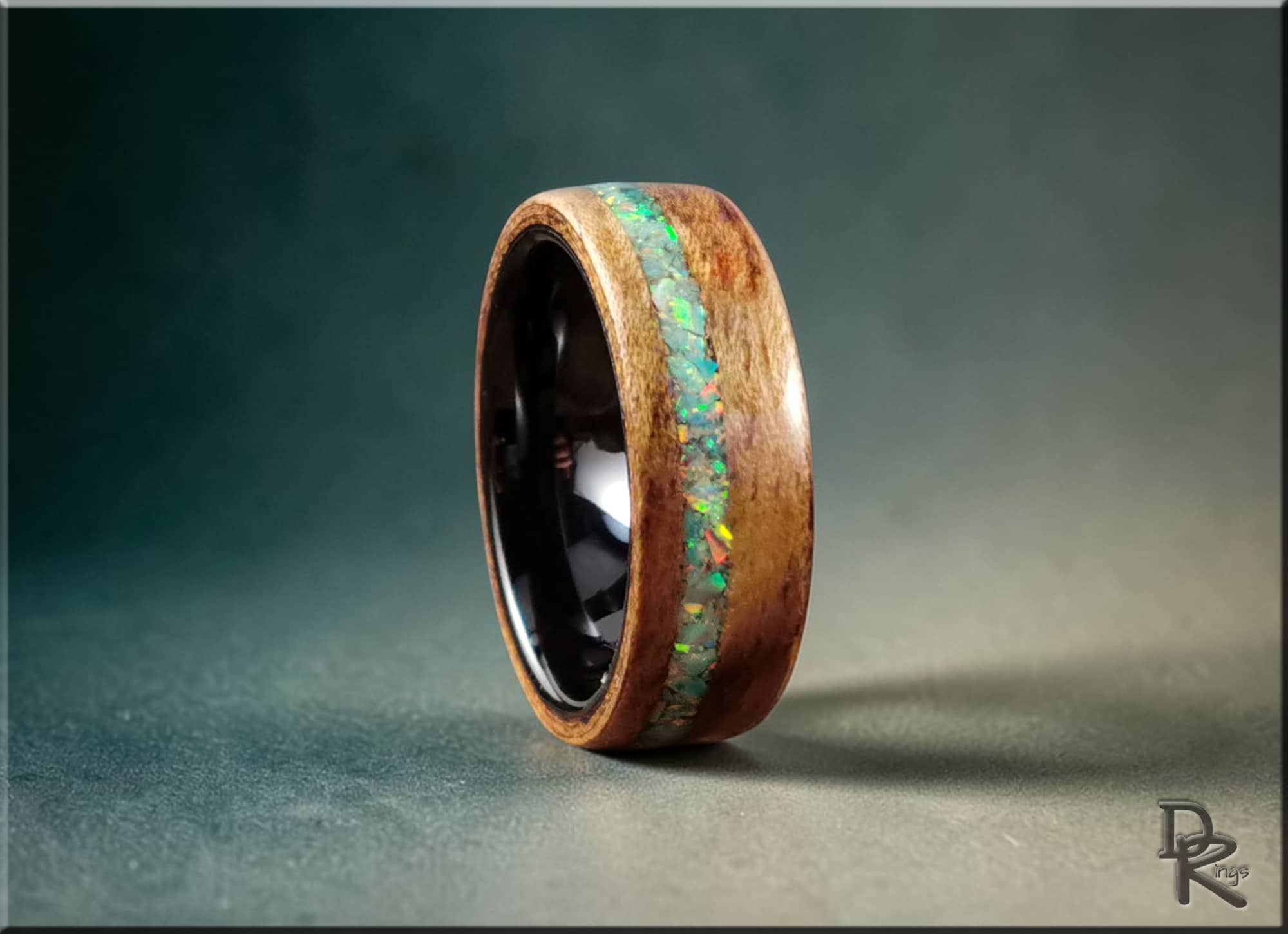 Bentwood Ring: Tiger Etimoe with offset Opal inlay, black ceramic ring core