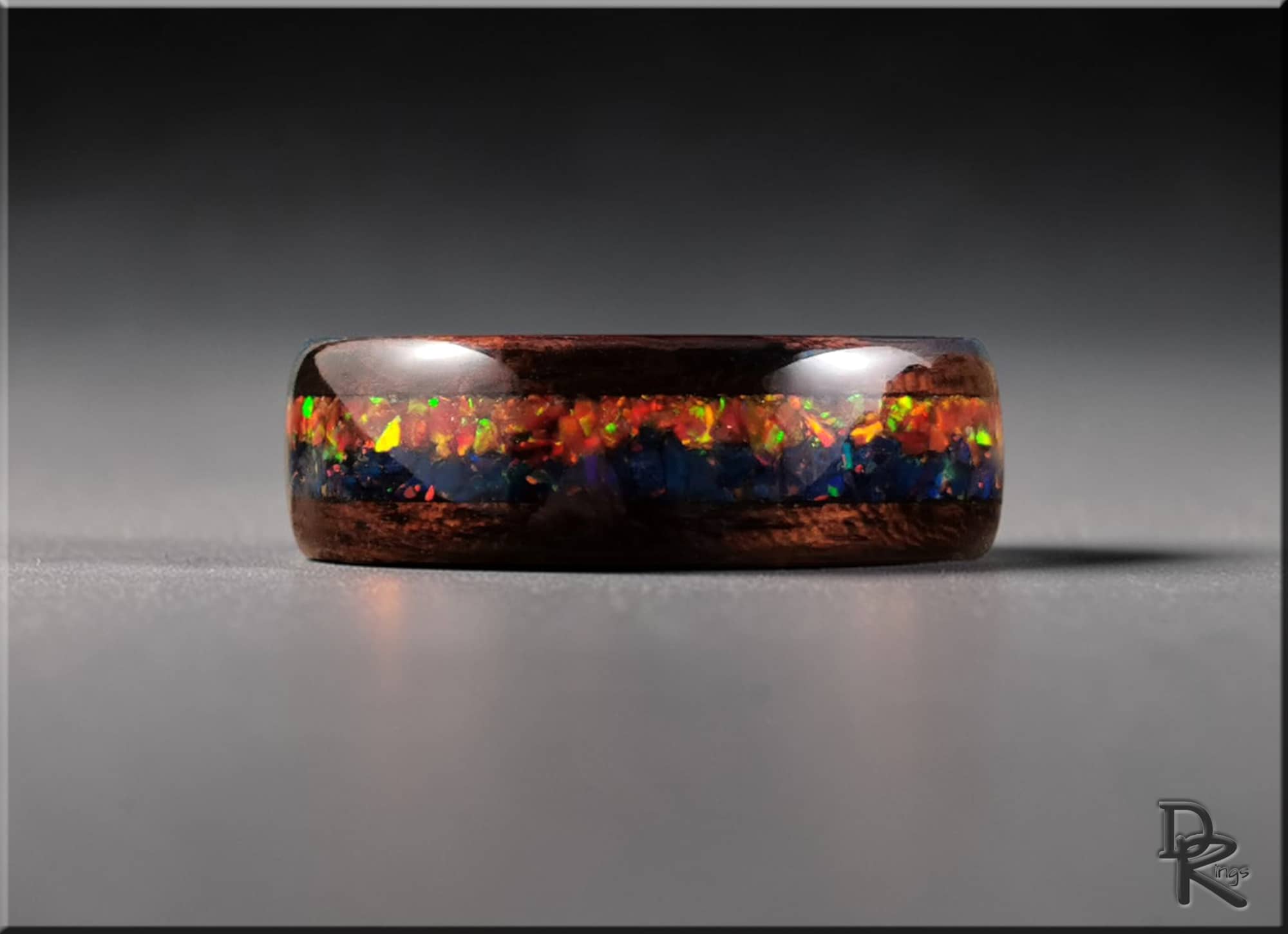 Bentwood Ring: Smoked Etimoe with dual Opal inlay, black ceramic ring core, 'Indigo Sunset'