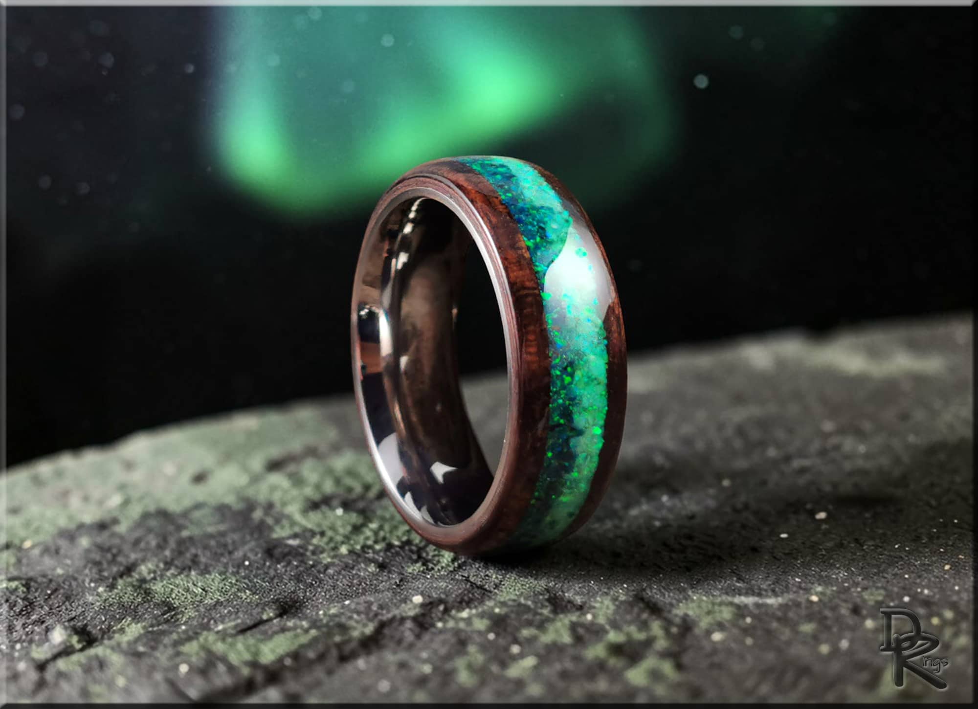 Bentwood Ring: Smoked Etimoe, Opal Inlay, Titanium Core