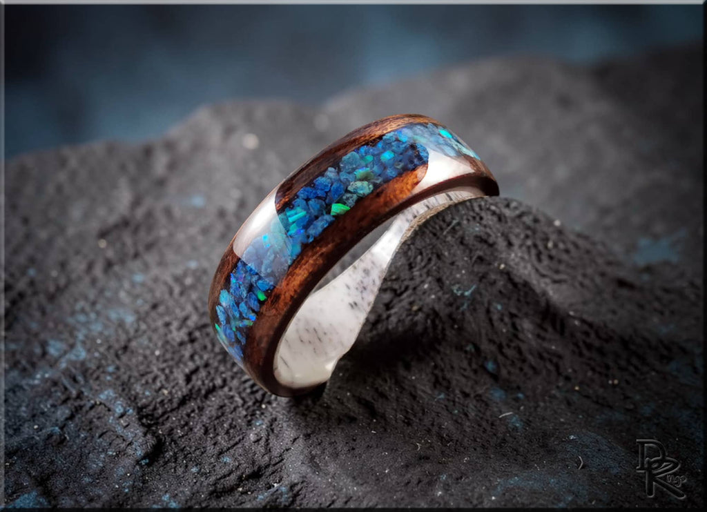 Bentwood Ring: Smoked Etimoe, Shattuckite and Opal Inlay, Deer Antler Core