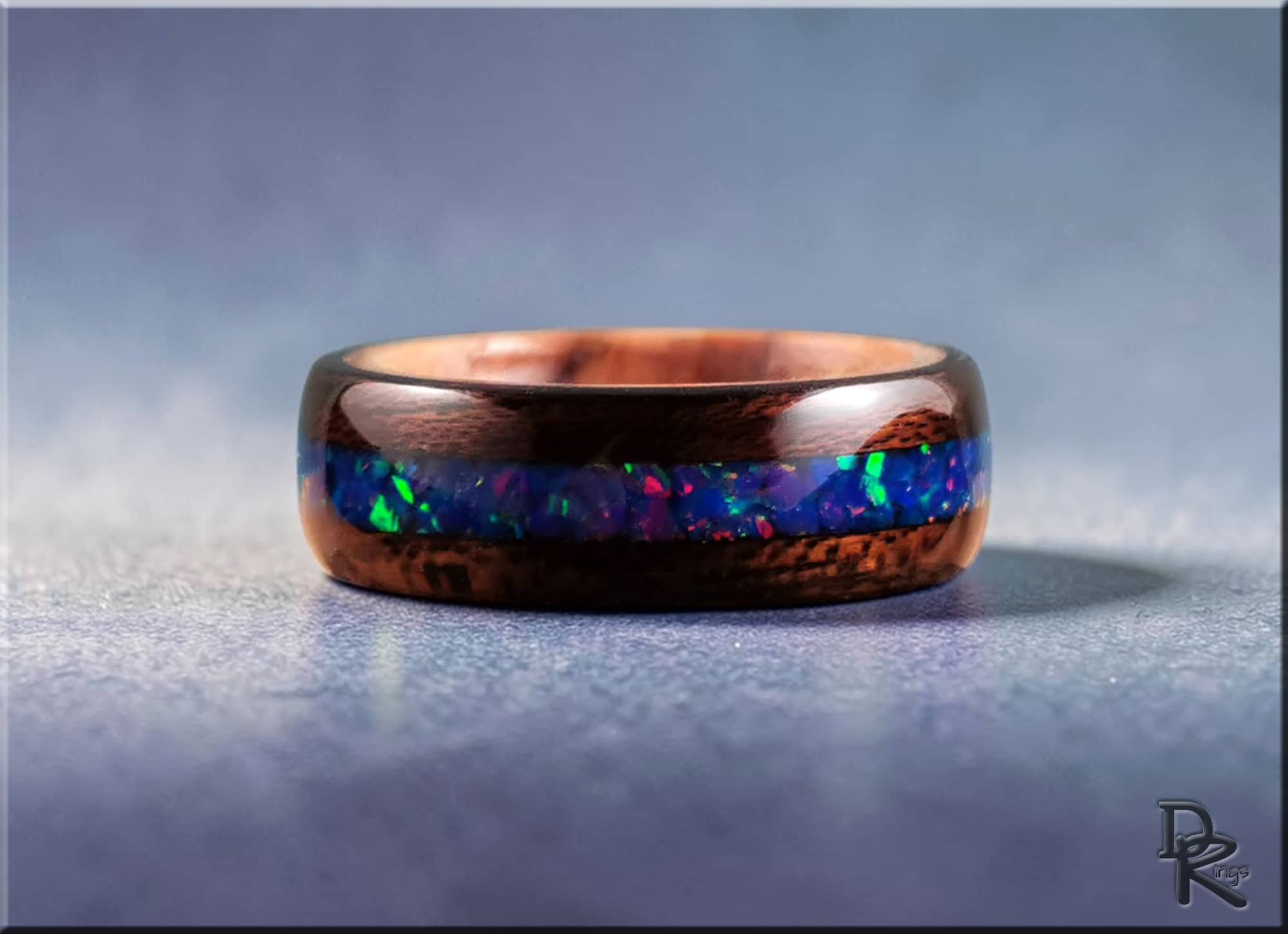 Bentwood Ring: Smoked Eucalyptus with Opal Inlay, Olivewood Core