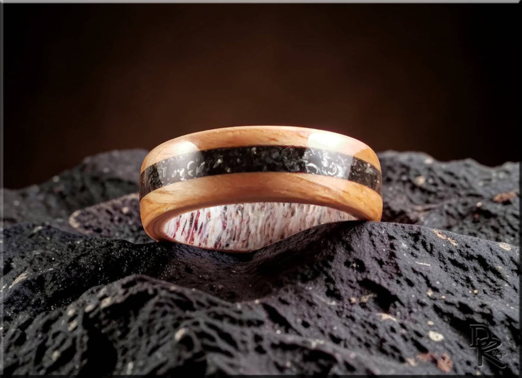 Bentwood Ring: Hickory with Meteorite Inlay, Deer Antler Core