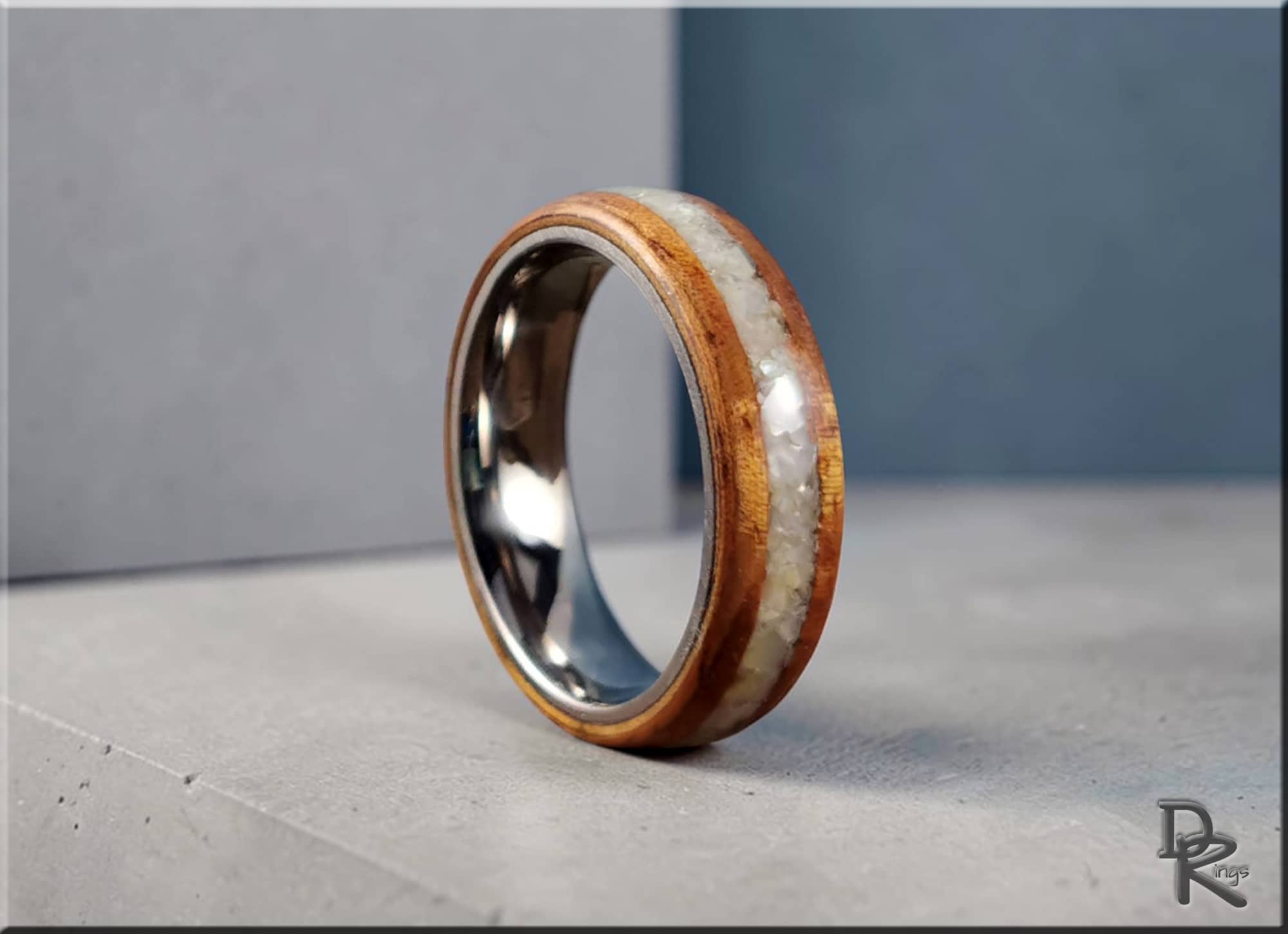 Bentwood Ring: Golden Hawaiian Koa, Mother of Pearl Inlay, Titanium Core
