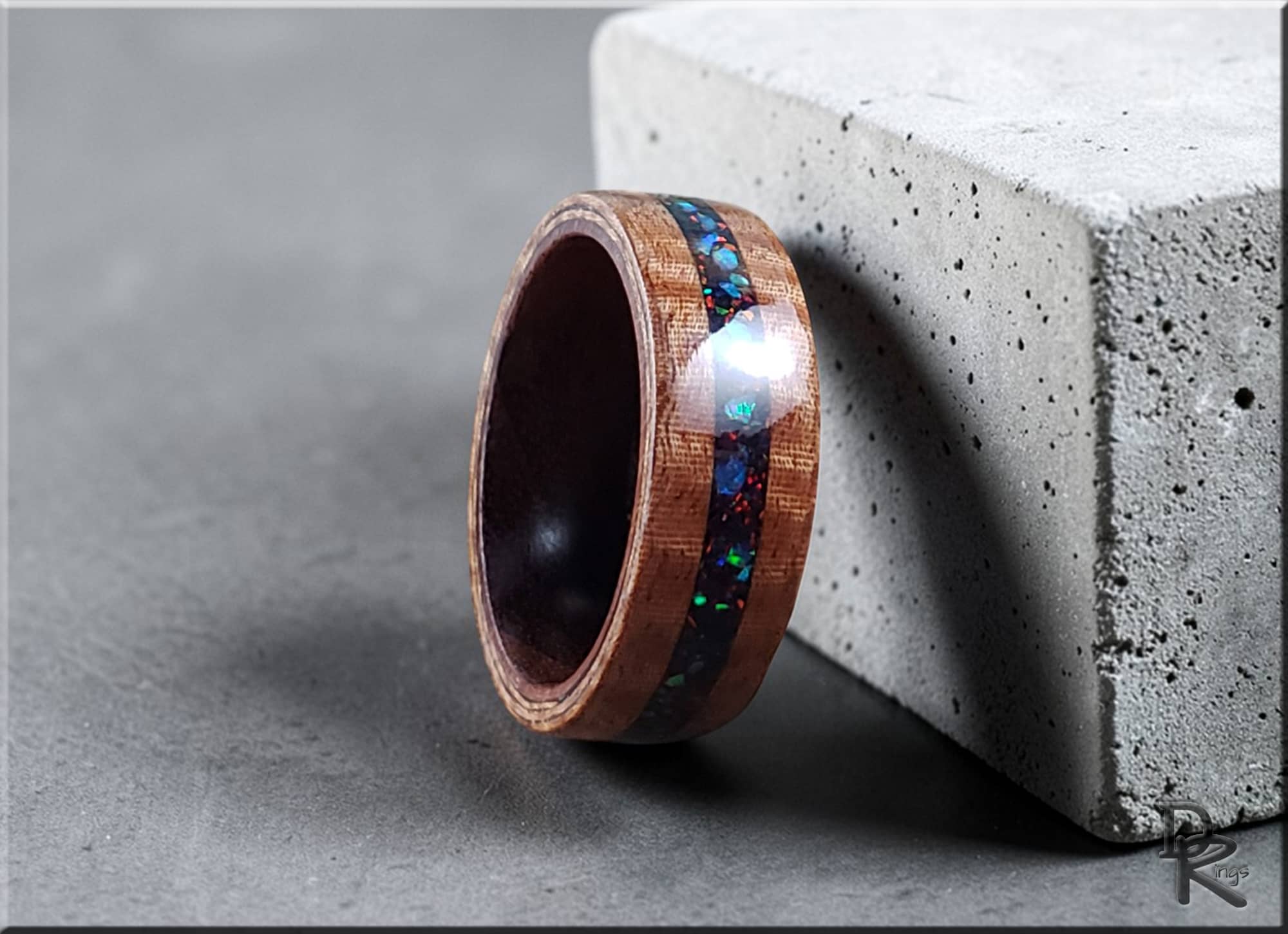 Bentwood Ring: Fiddleback Kotibe with Opal inlay on Kingwood core