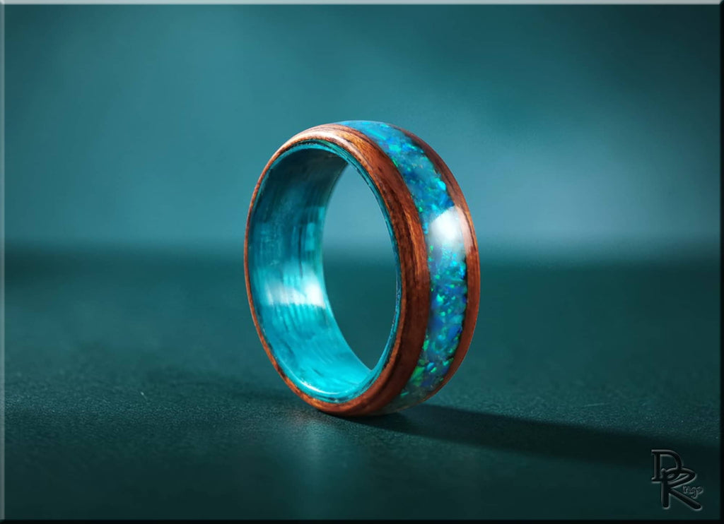 Bentwood Ring: Honduran Mahogany, Opal Glow Inlay, Blue Koto Core
