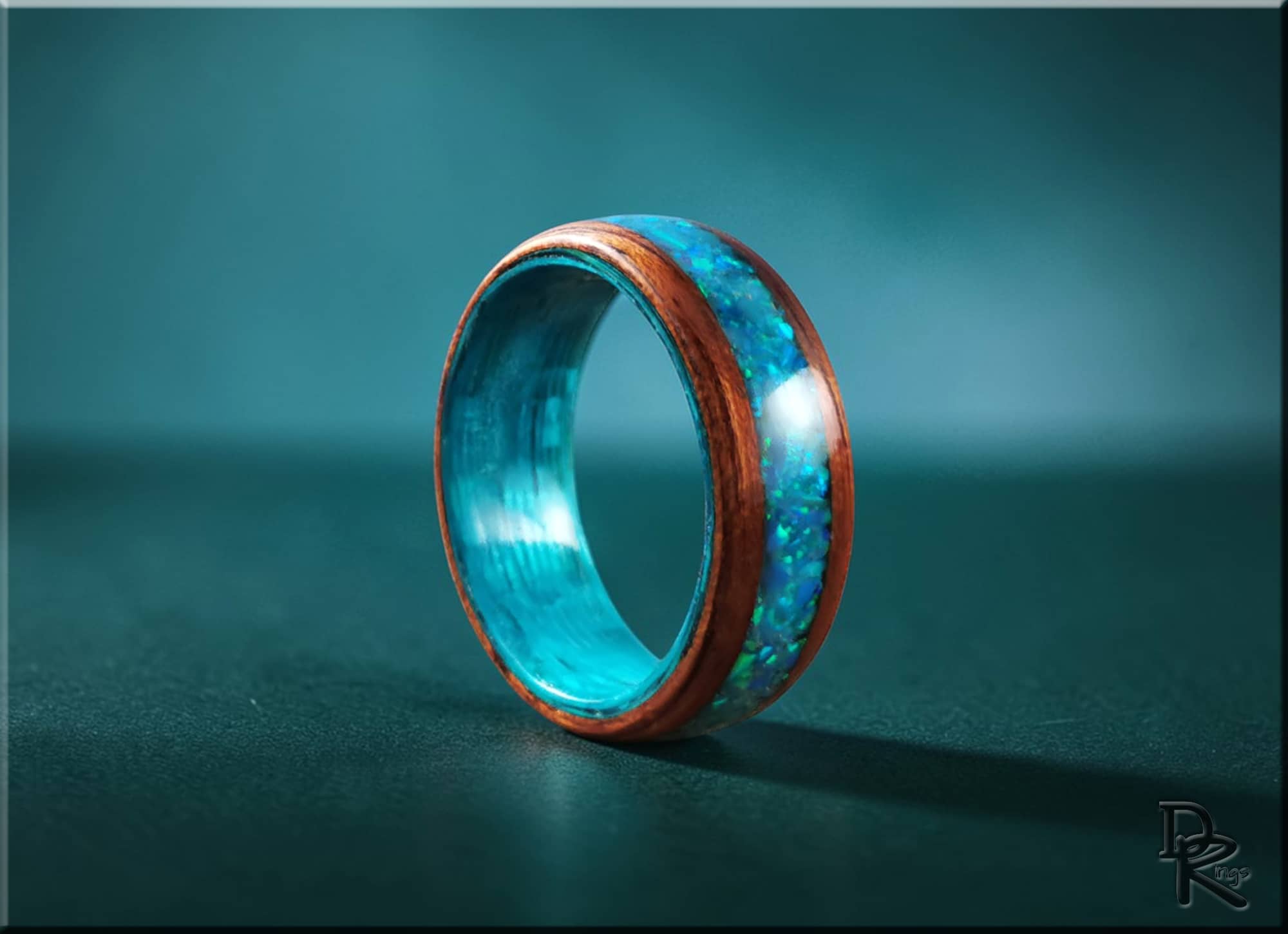 Bentwood Ring: Honduran Mahogany, Opal Glow Inlay, Blue Koto Core
