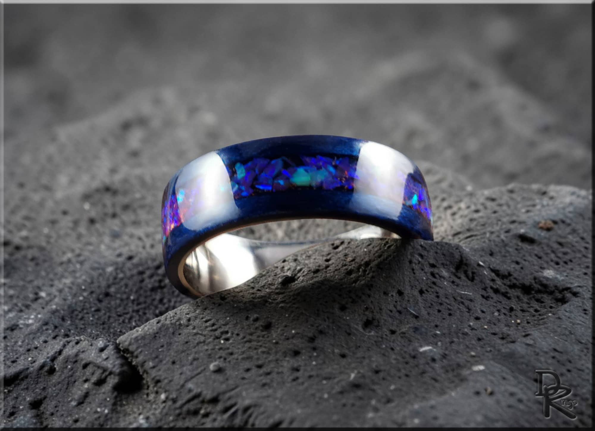 Bentwood Ring: Blue Tulipwood with Opal Inlay, on Titanium Core