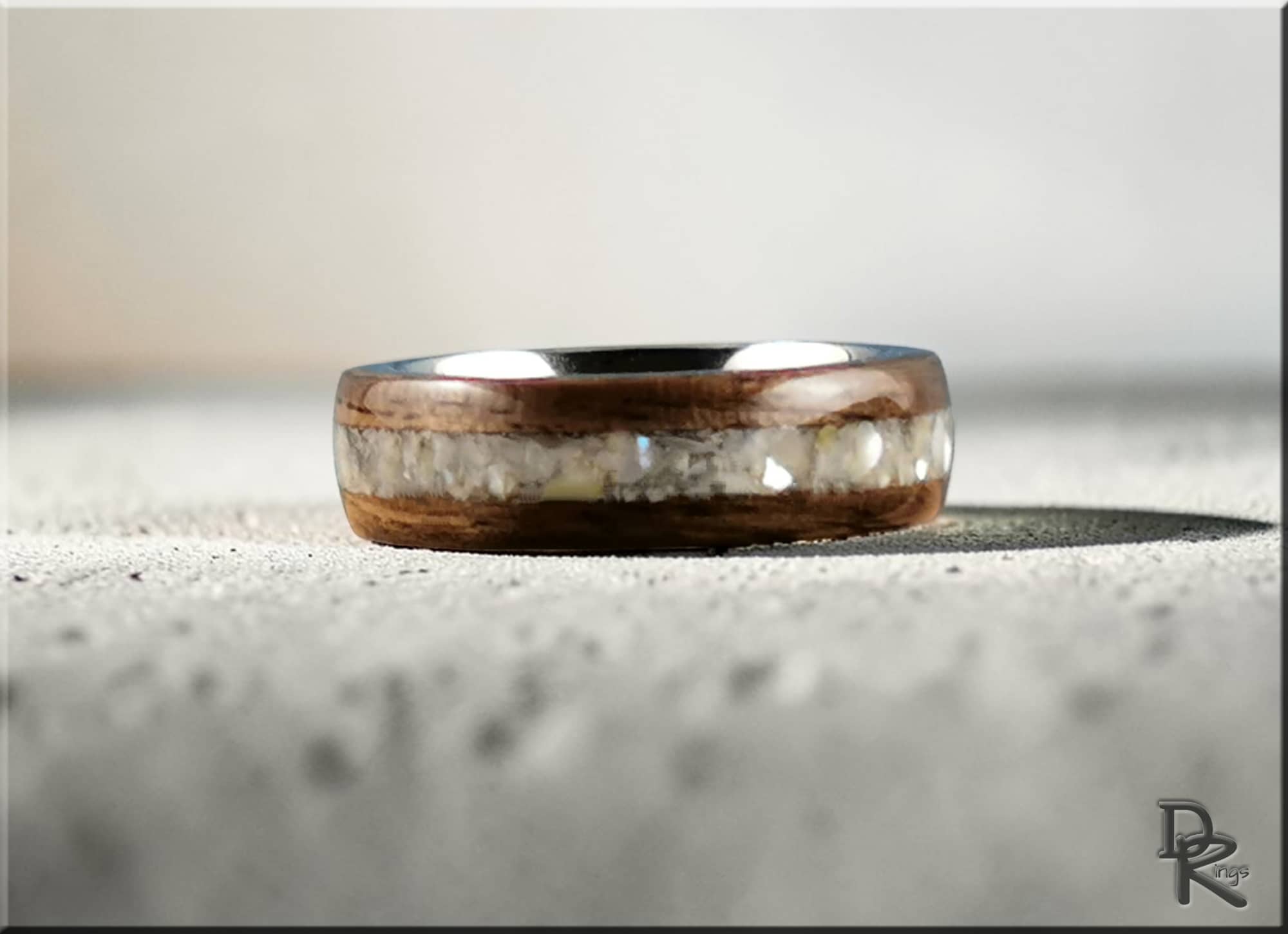 Bentwood Ring: French Walnut, Mother of Pearl Inlay, Sterling Silver Core