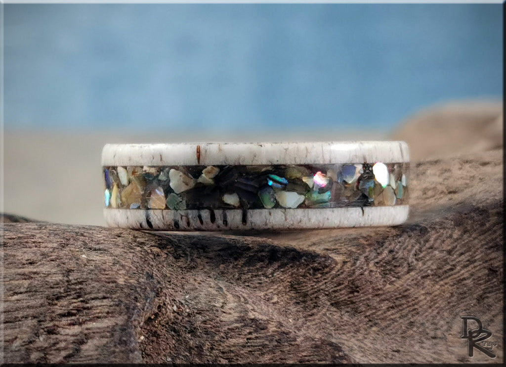 DR Rings antler ring with abalone inlay featuring natural earthy tones and iridescent shell accents