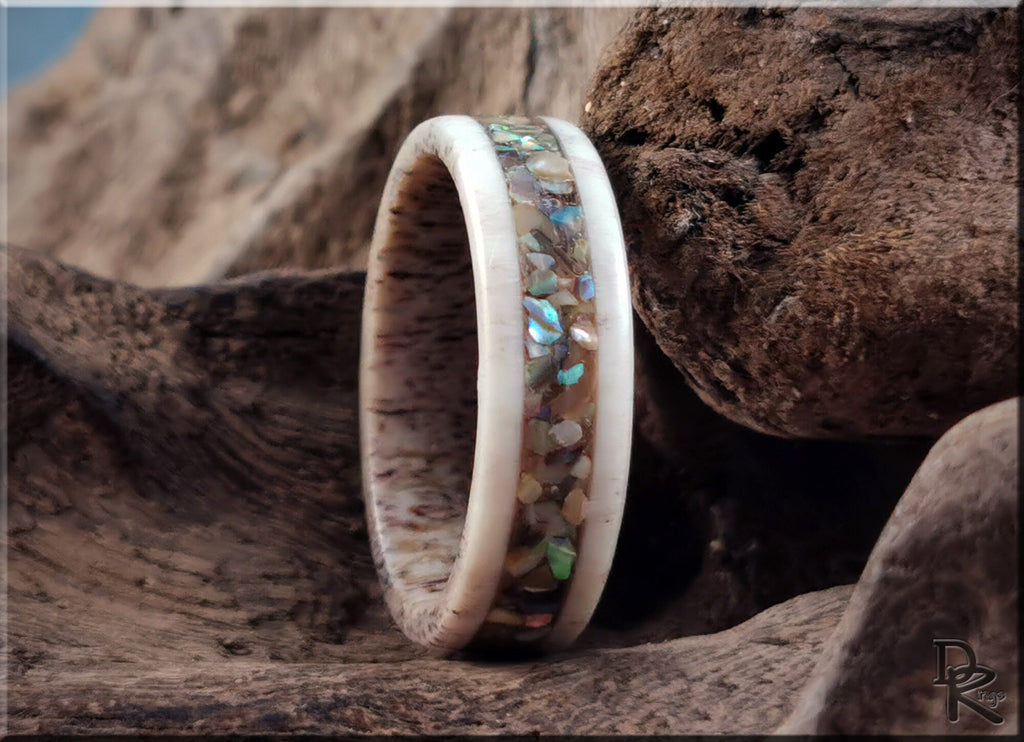 DR Rings antler ring with abalone inlay showcasing natural textures and iridescent colors