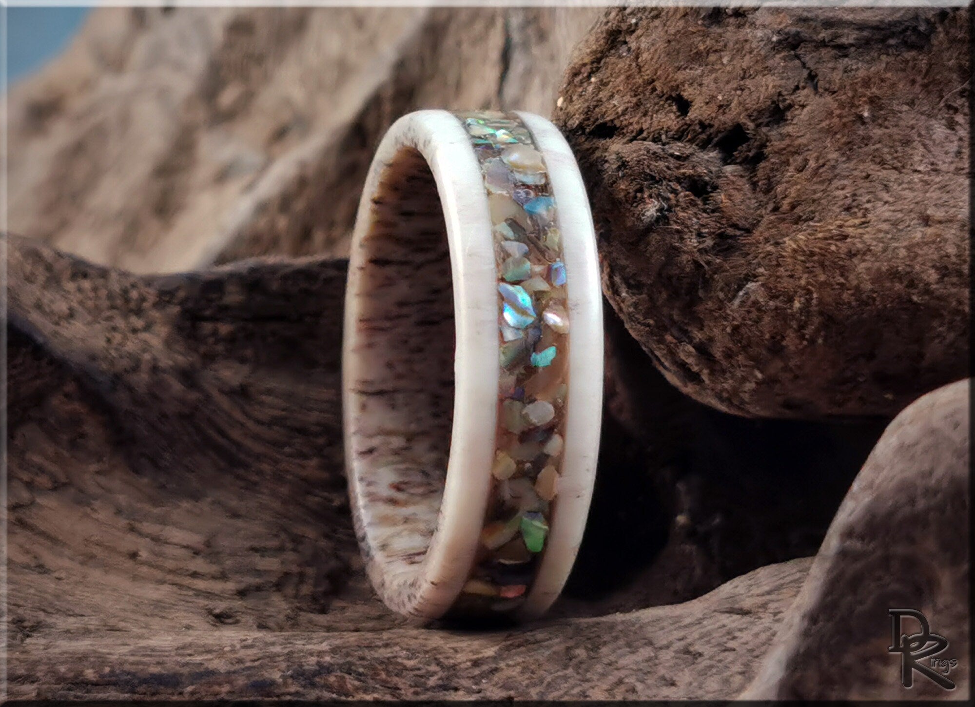 DR Rings antler ring with abalone inlay showcasing natural textures and iridescent colors