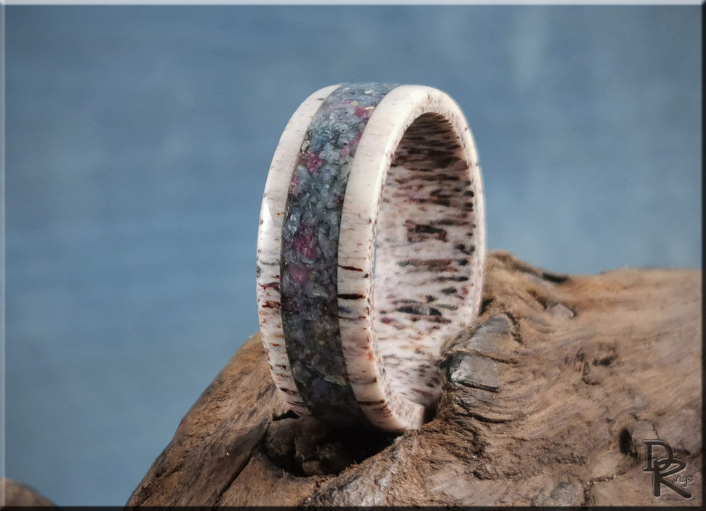 DR Rings antler ring with kyanite and ruby featuring a natural antler band and colorful inlay