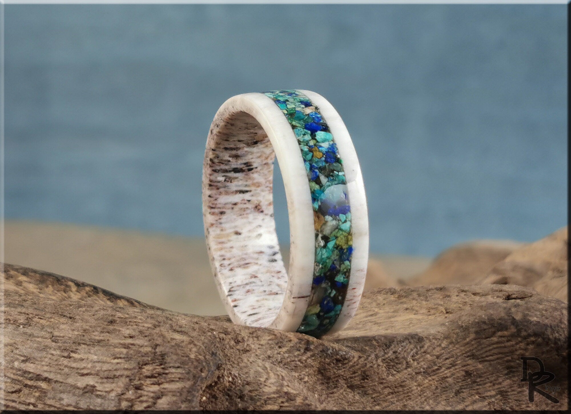 DR Rings antler ring with stone inlay featuring vibrant blue and green stones on natural antler band