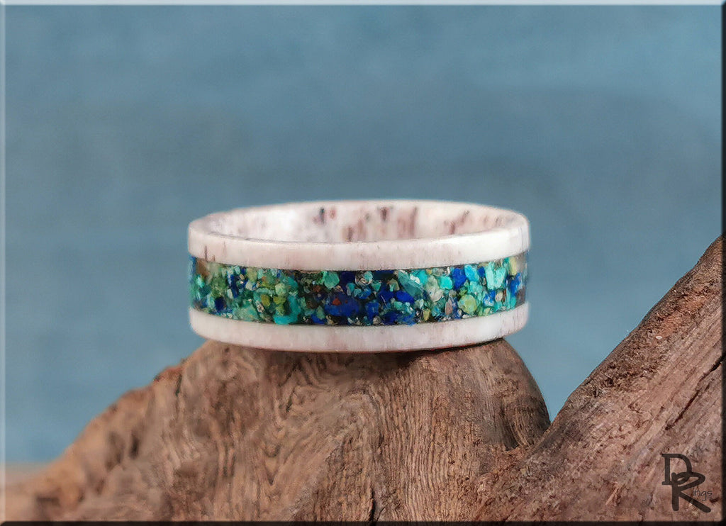 Antler Ring with stone inlay featuring vibrant blue and green stones set in white antler material