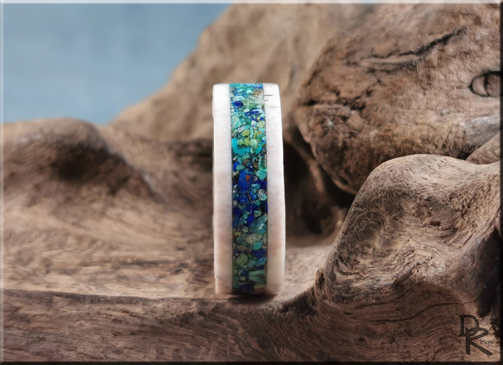 Antler Ring with stone inlay featuring vibrant blue and green stones set in natural antler band
