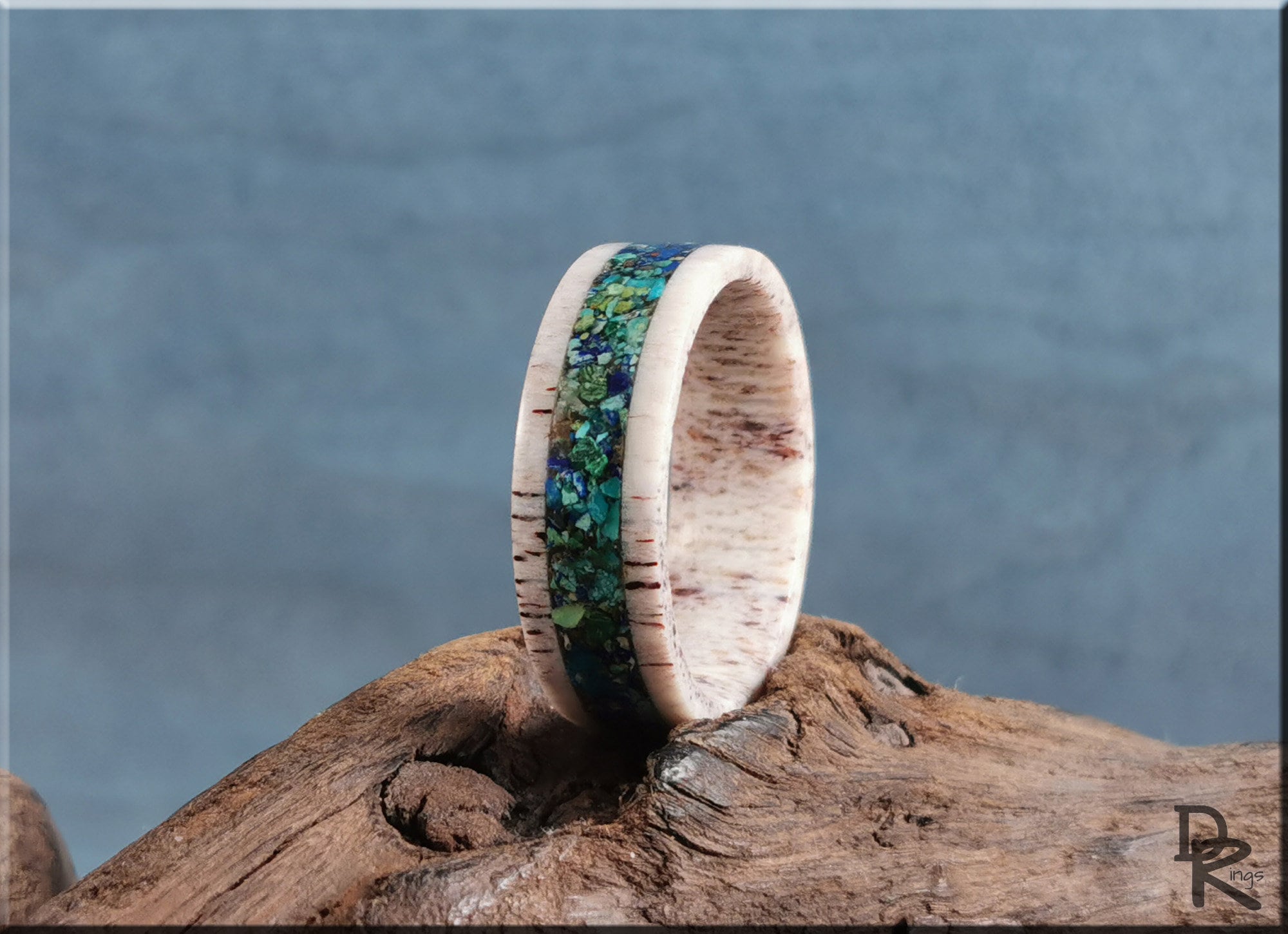 DR Rings antler ring with stone inlay featuring green and blue stones on natural antler base
