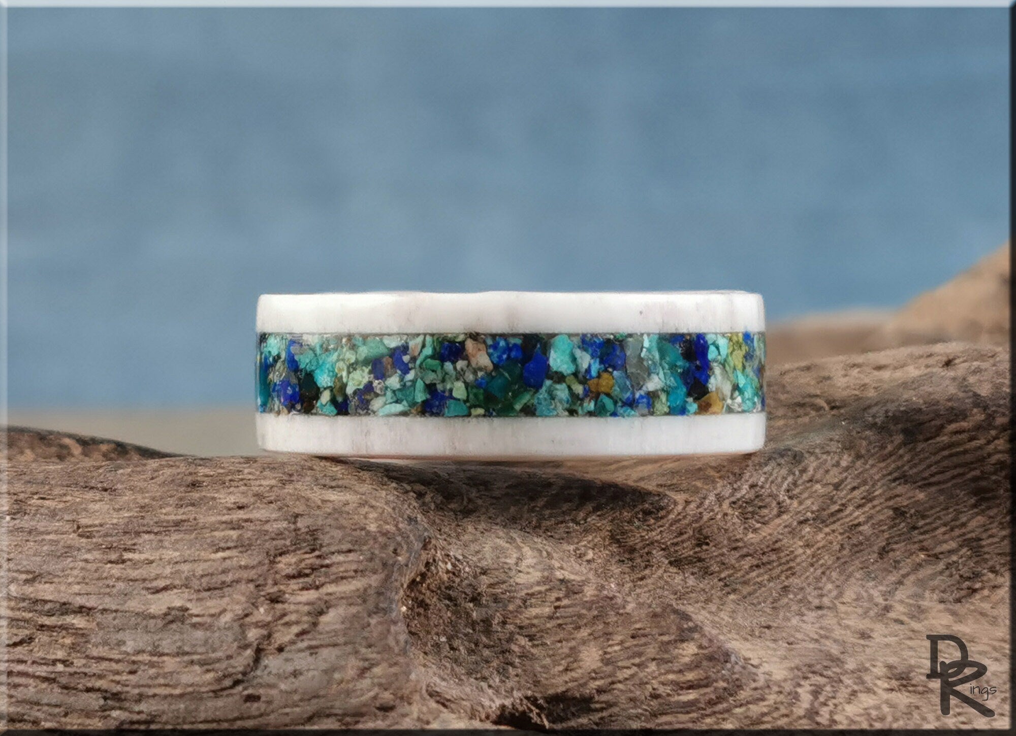 Antler Ring with stone inlay by DR Rings featuring a vibrant blue and green stone inlay on white antler band