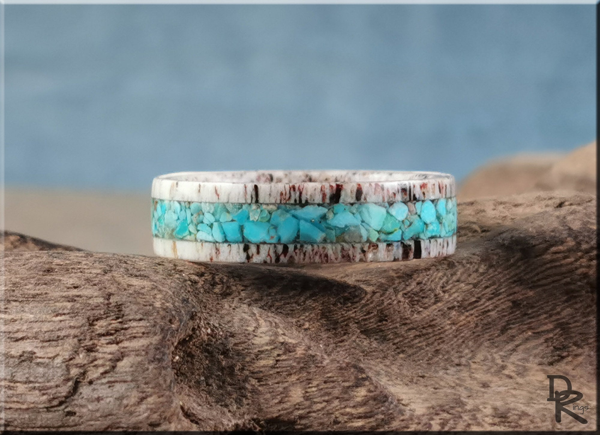 Antler ring with turquoise inlay featuring natural blue stones and rustic textured design by DR Rings