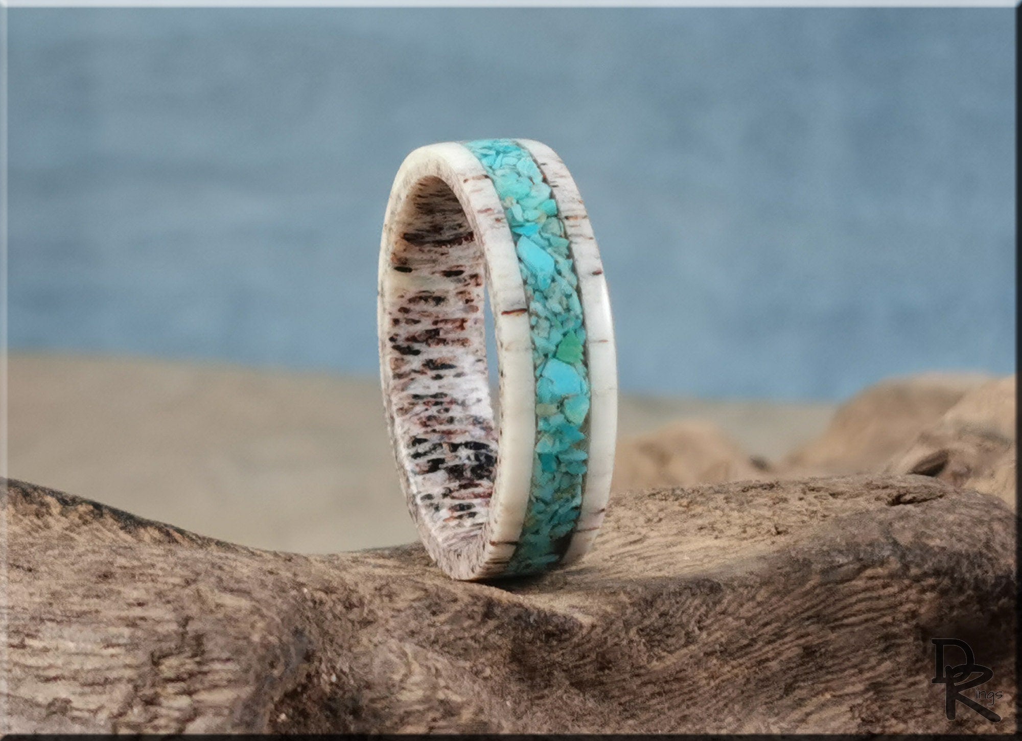 DR Rings antler ring with turquoise inlay featuring natural textures and blue stone detail