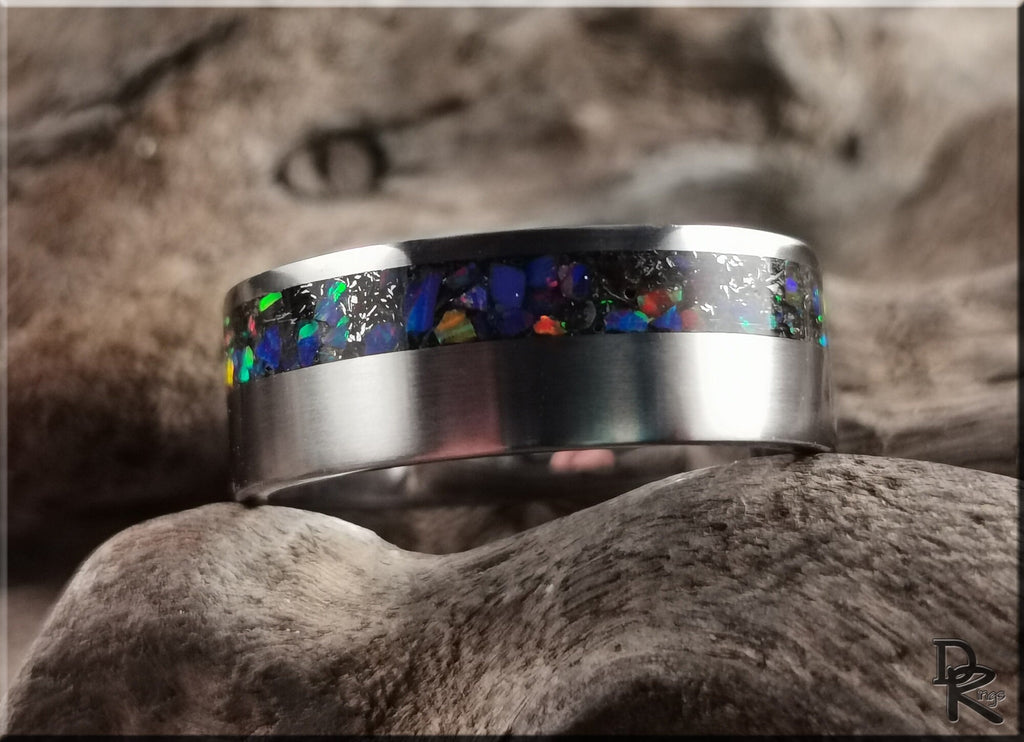 DR Rings titanium ring with meteorite inlay featuring colorful, iridescent design with brushed finish