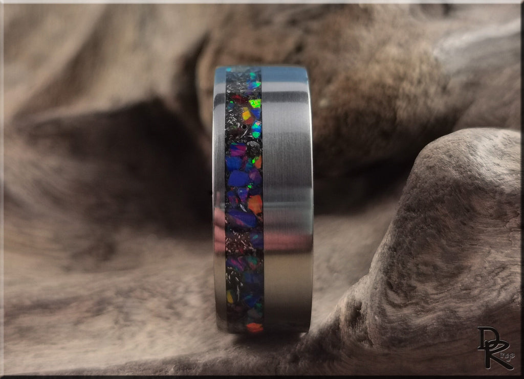DR Rings titanium ring with meteorite inlay featuring vibrant multicolor stones on brushed metal band