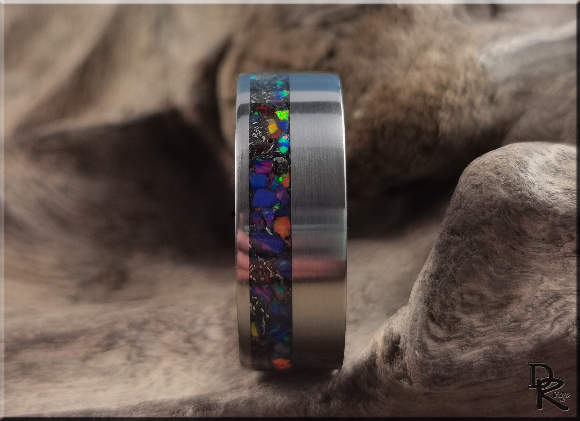 DR Rings titanium ring with meteorite inlay featuring vibrant multicolor stones on brushed metal band