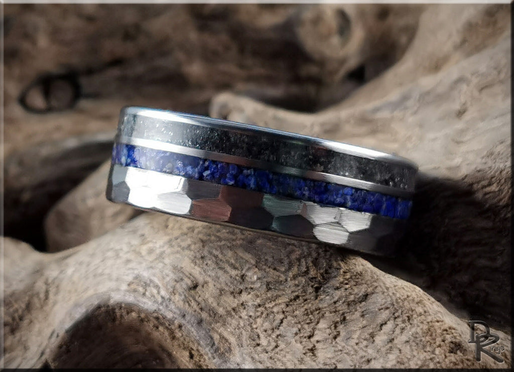 Hammered tungsten ring with two inlays featuring blue and black textured bands by DR Rings