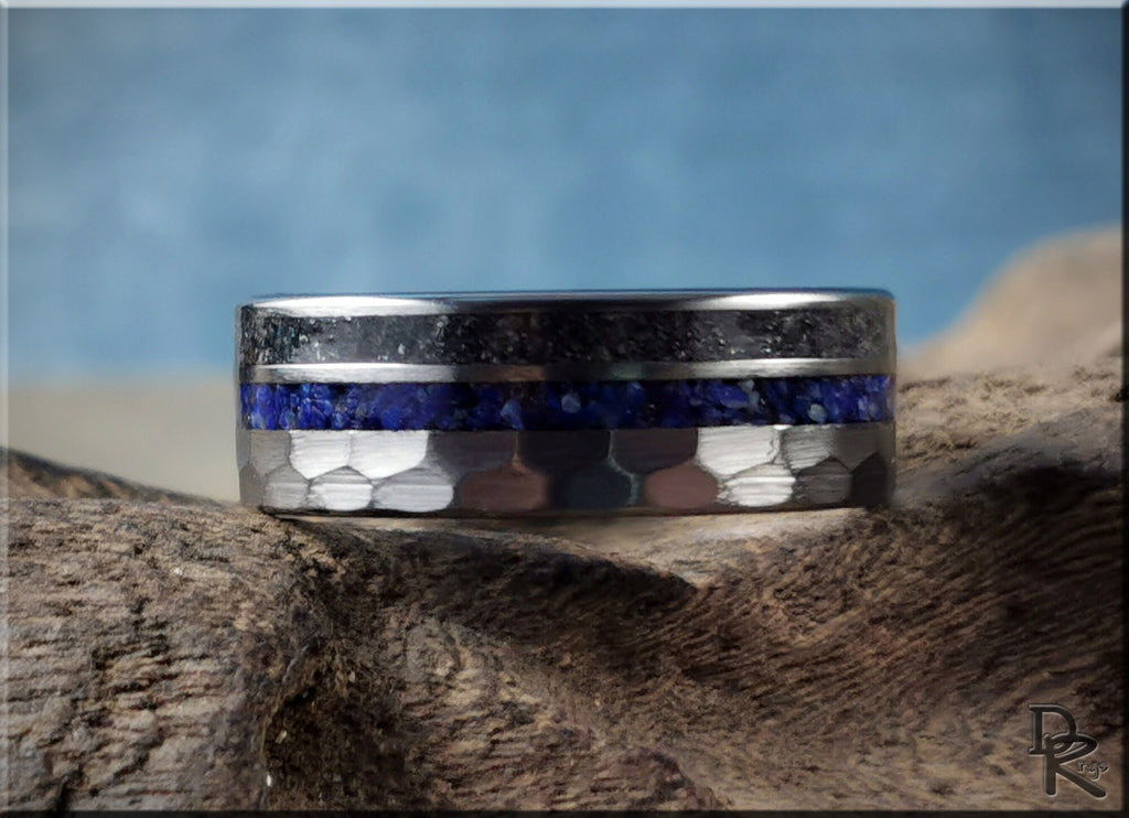 Hammered tungsten ring with two inlays featuring black and blue stone embedded details by DR Rings