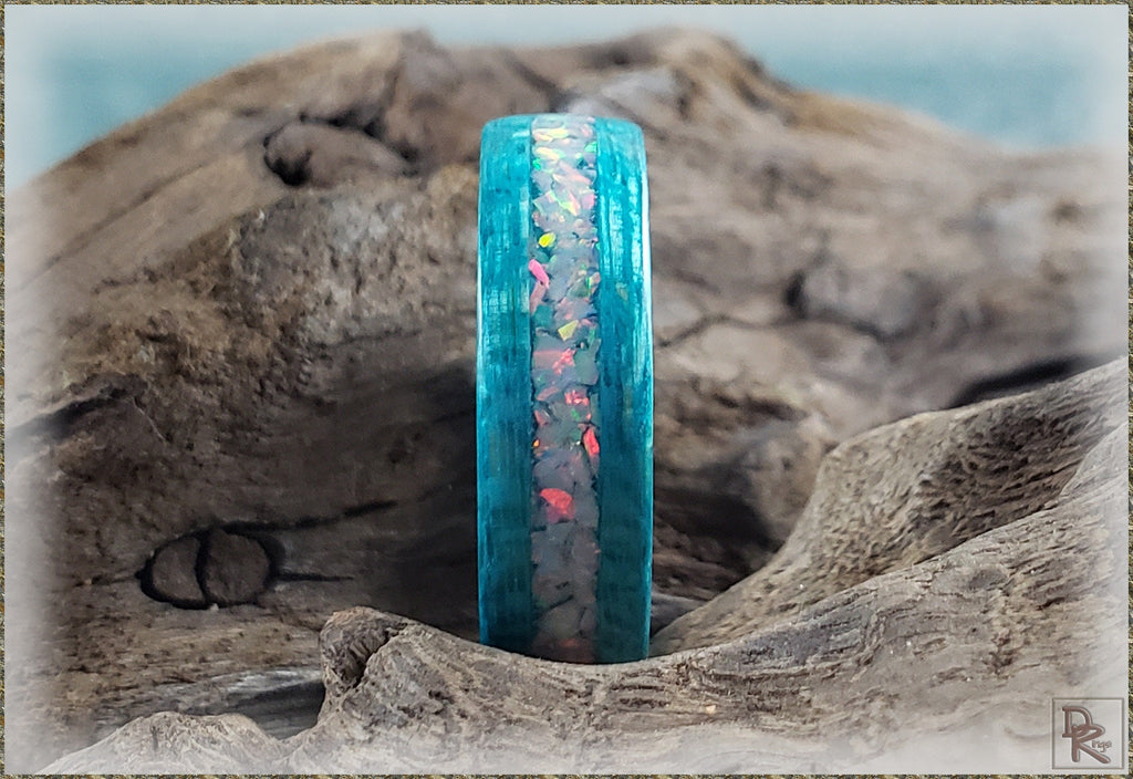 DR Rings opal inlay wood ring with turquoise wood and colorful opal stones inlay