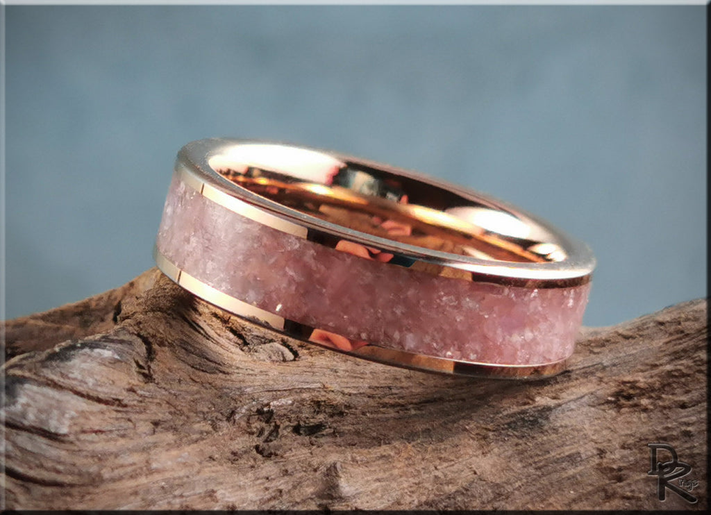 Rose tungsten ring with lepidolite inlay on rustic wooden surface by DR Rings