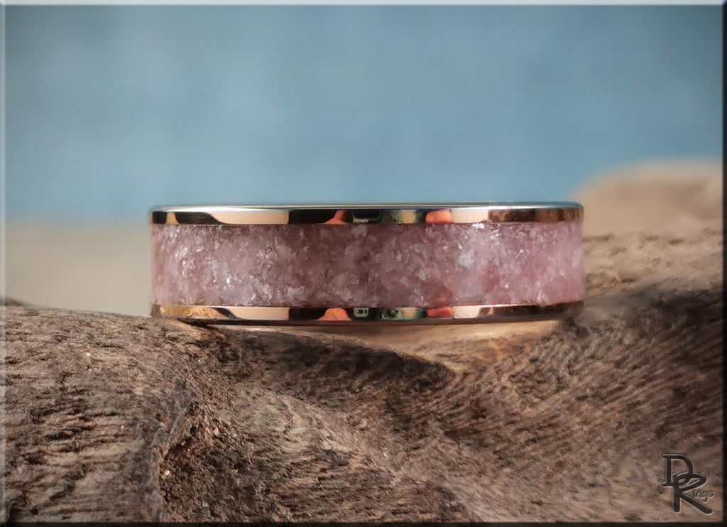 Rose tungsten ring with lepidolite stone embedded in the band from DR Rings